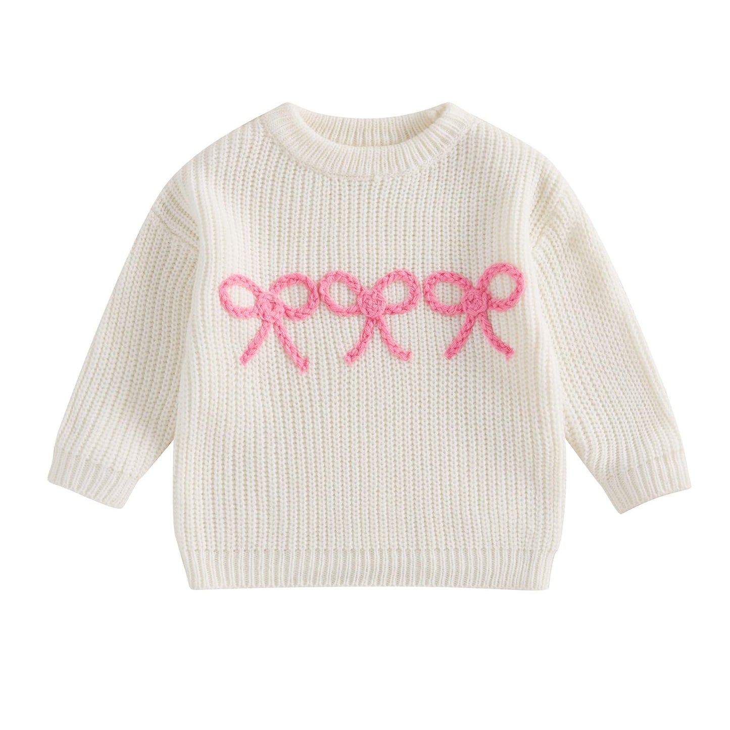 Beautooly Infant Newborn Baby Girl Cute Long Sleeve Bow Embroidery Chunky Knitted Sweater Toddler Fall Winter Outfits (White Bow