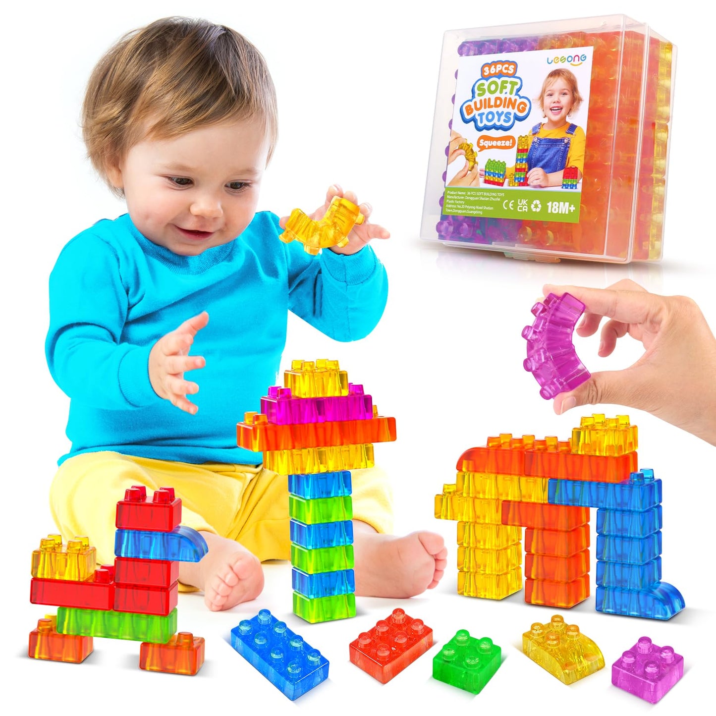 LESONG Sensory Soft Building Blocks for Toddlers:36 Pcs Jelly Squishy Stacking Blocks for Toddlers 1-3, Sensory Toys for Kids wi