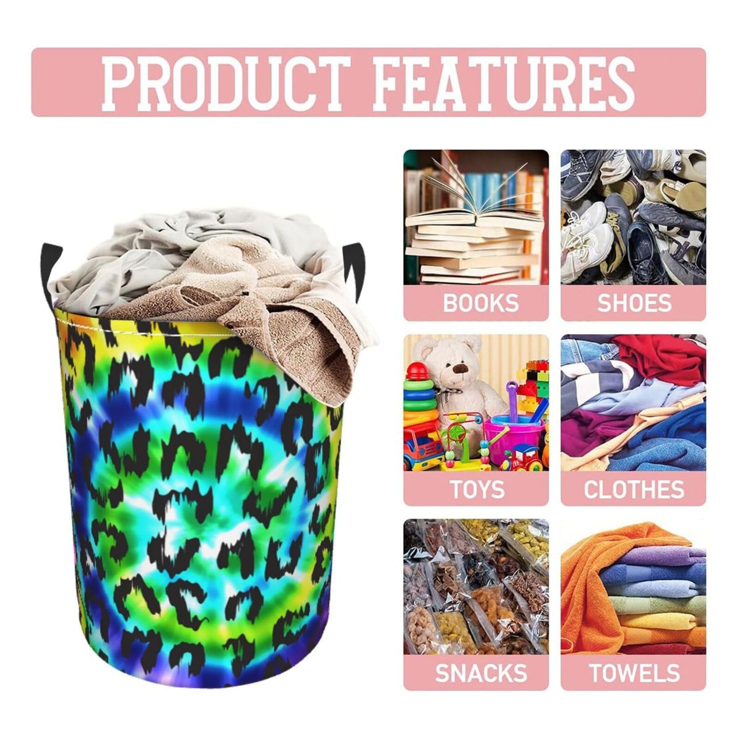 Gbuzozie Leopard Round Laundry Hamper Rainbow Tie Dye Storage Basket Toys Clothes Organizer Bin For Home Bathroom Bedroom Dorm N