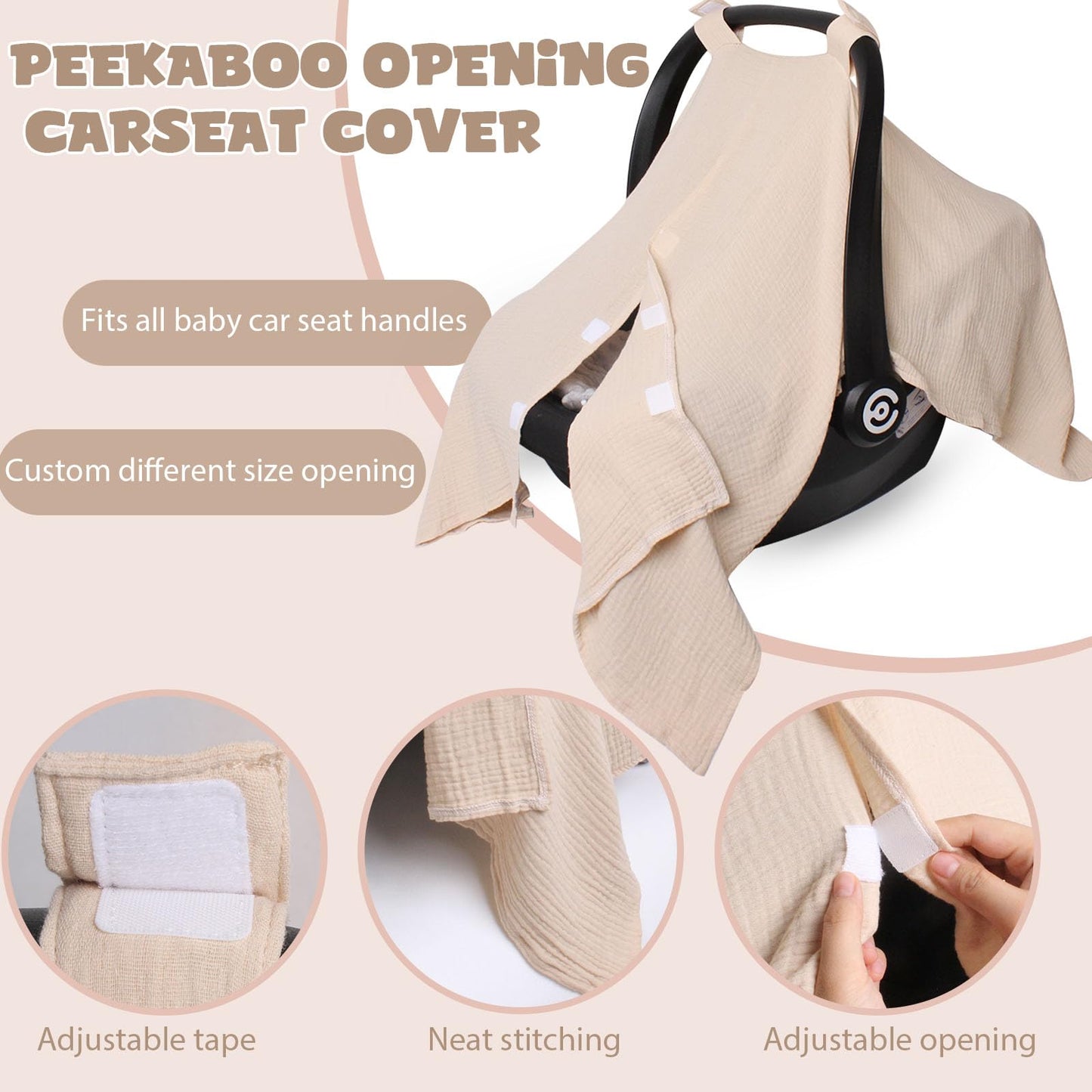 Boryokun Baby Car Seat Cover Muslin Infant Carseat Canopy, Peekaboo Opening Car Seat Covers, Unisex Large Universal Fit Lightwei