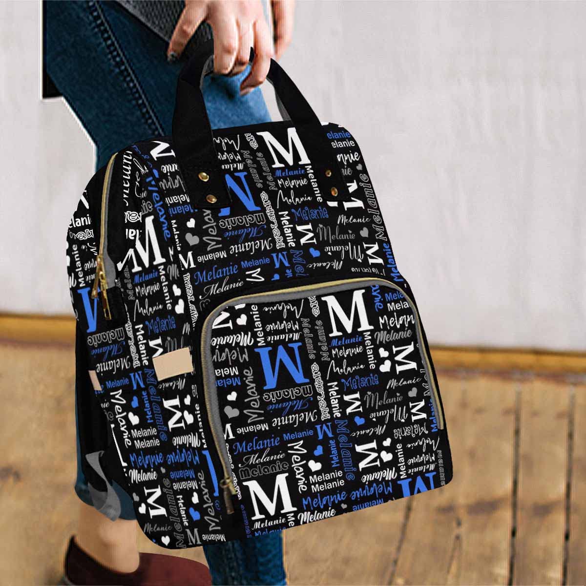 Artsadd Personalized Nappy Bag Large Capacity Baby Diaper Bags, Blue And Black Daypack Custom Monogrammed Diaper Backpack For Da