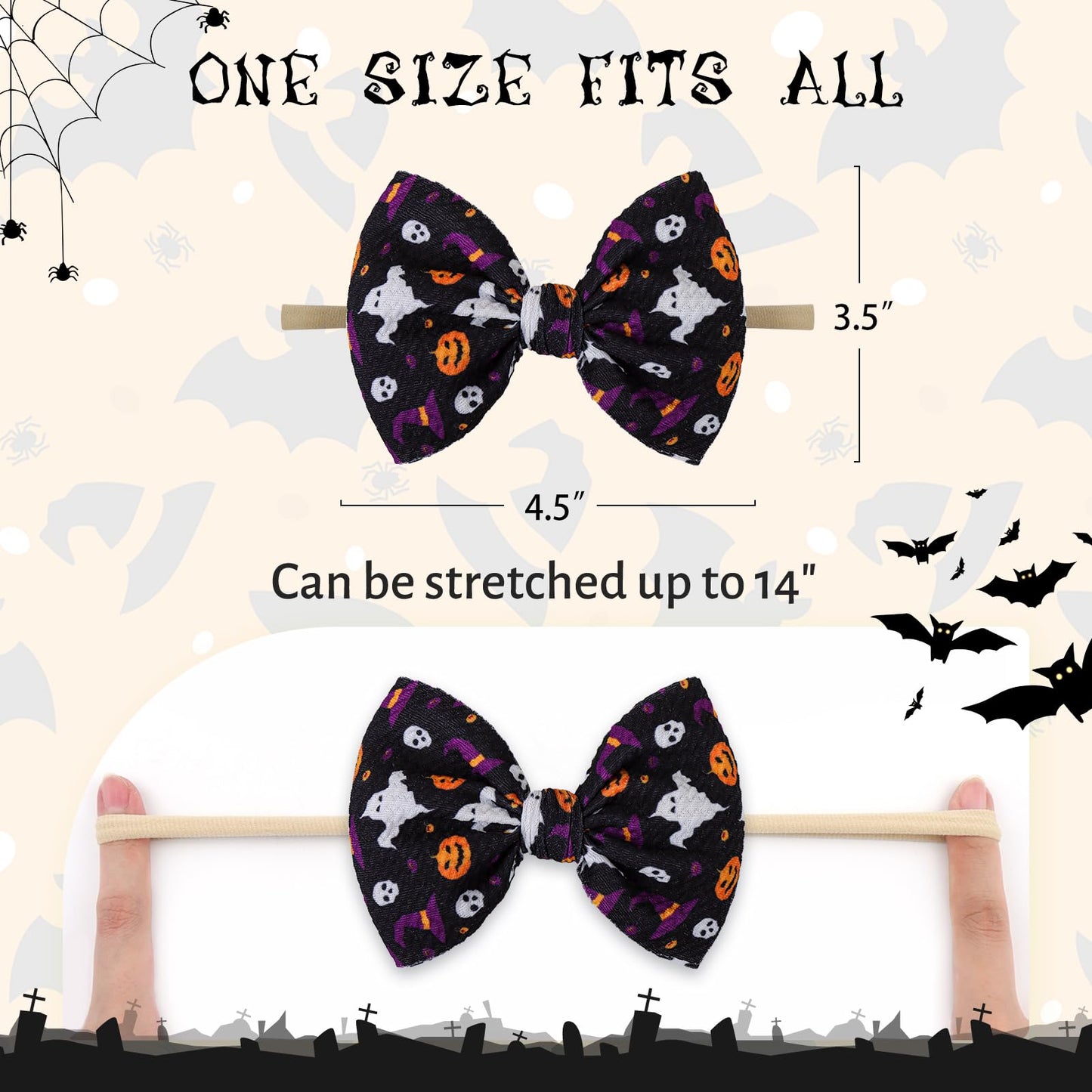 Lanmerry Halloween Baby Knot Ghost Hair Accessories - Headband With Nylon Elastic Bows In Purple And Orange