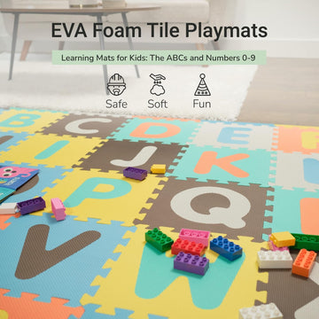 Tadpoles Foam Playmats For Kids, 36 Interlocking Tiles Teach The Abcs And Numbers 0-9, Total Floor Coverage 74X 74(36 Sq Ft), Fo