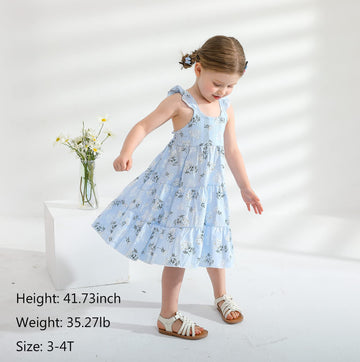 Younger Tree Toddler Girls Outfits Floral Flutter Sleeve Princess Dress Summer Clothes Line Skirts For Girls(4-5T,Blue Floral)
