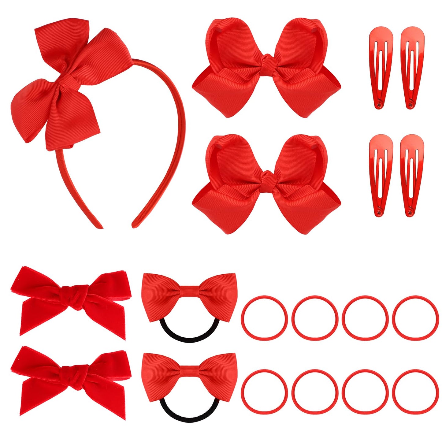 Set of 19 Red Bow School Hair Accessories, Uniform Velvet & Ribbon Hair Ties Headband Hair Clips Set for Little Girls Toddler Ki