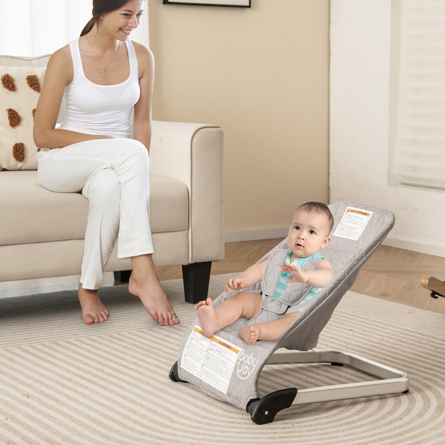 Baby Joy Baby Bouncer, Foldable Baby Bouncer Seat With 5-Point Safety Harness, Removable Fabric Cover, Portable Infant Bouncer F