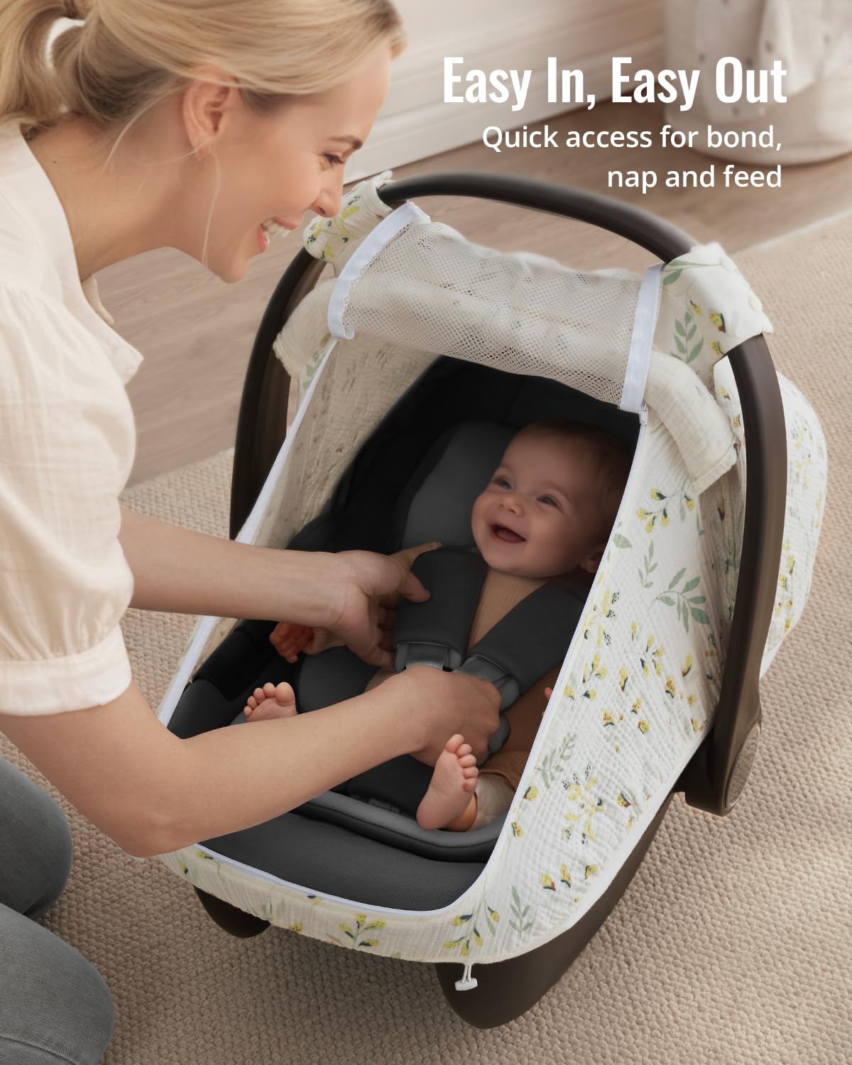 Blissful Diary Baby Car Seat Cover, Extra Large Mesh Window, Breathable Muslin Cotton, Infant Windproof Canopy - Botanical Leaf