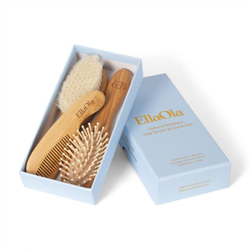Ellaola Natural Bamboo Hair Brush & Comb Set, 3 Piece - Cradle Cap Brush, Massage Hair Brush, Bamboo Comb For Toddlers, Newborns