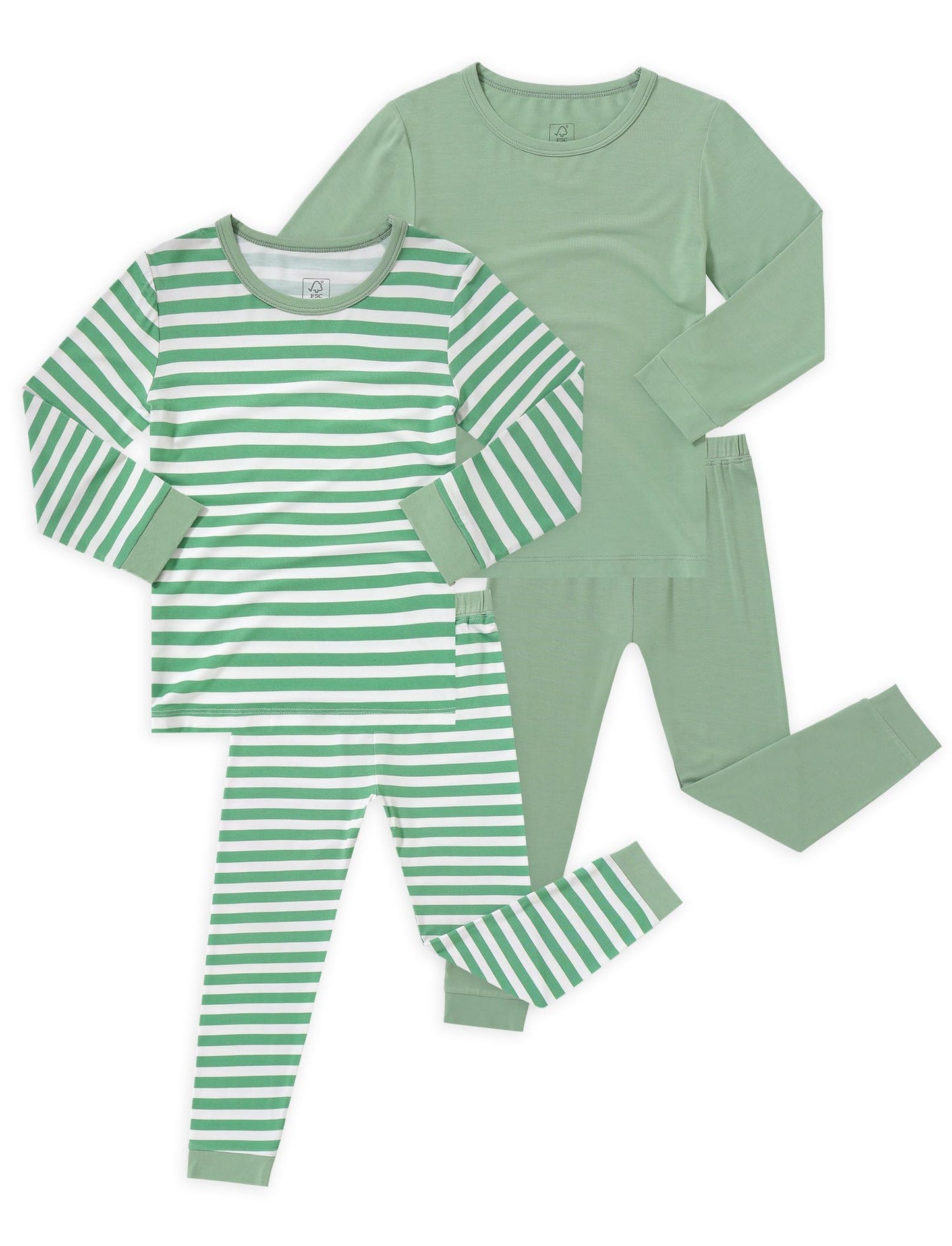 JunNeng Bamboo Viscose Pajamas for Toddler - Snug Fit Long Sleeve Striped Sleepwear for Boys & Girls 2 Sets, SageGreen+Striped 2