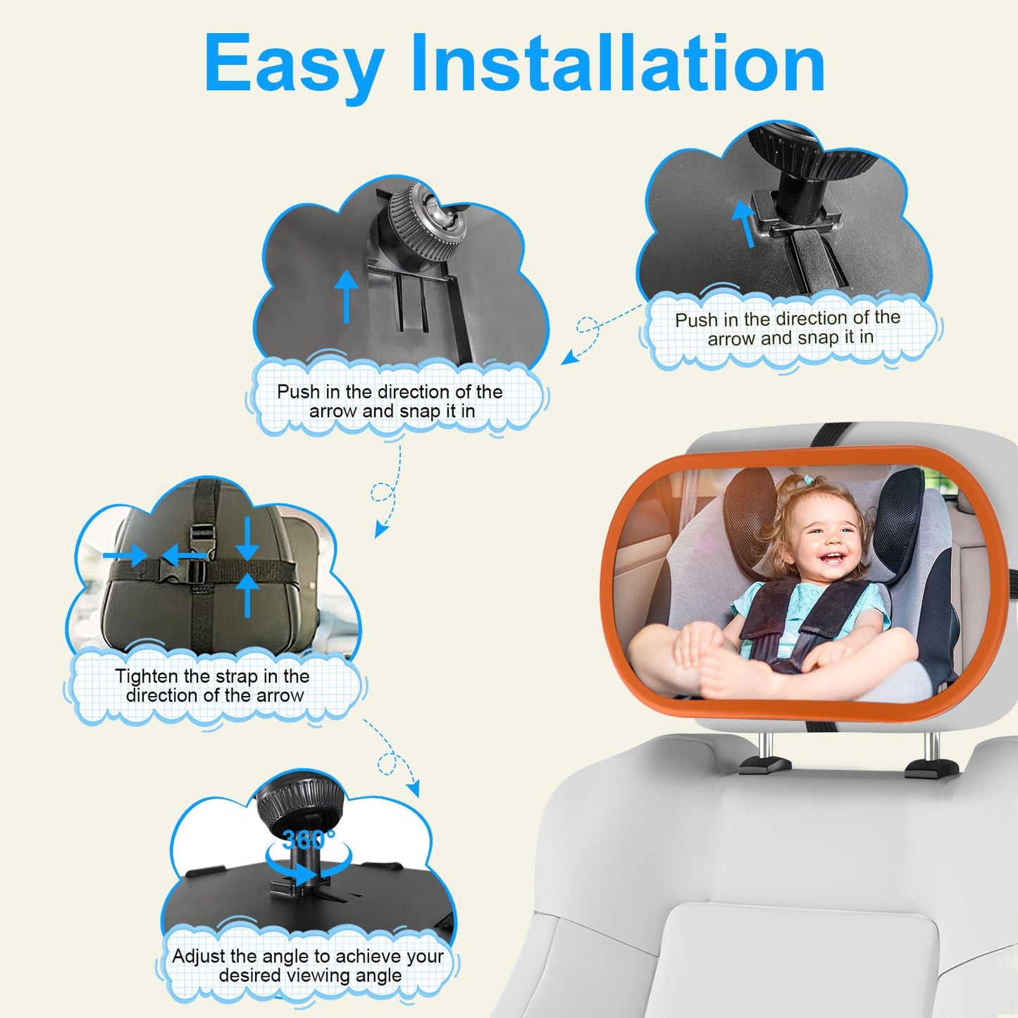Boeyos Baby Car Mirror, Rear Facing Car Seat Mirror Safety For Infant Newborn, Easy Assembled, Safe, Secure, Shatterproof, 360?R