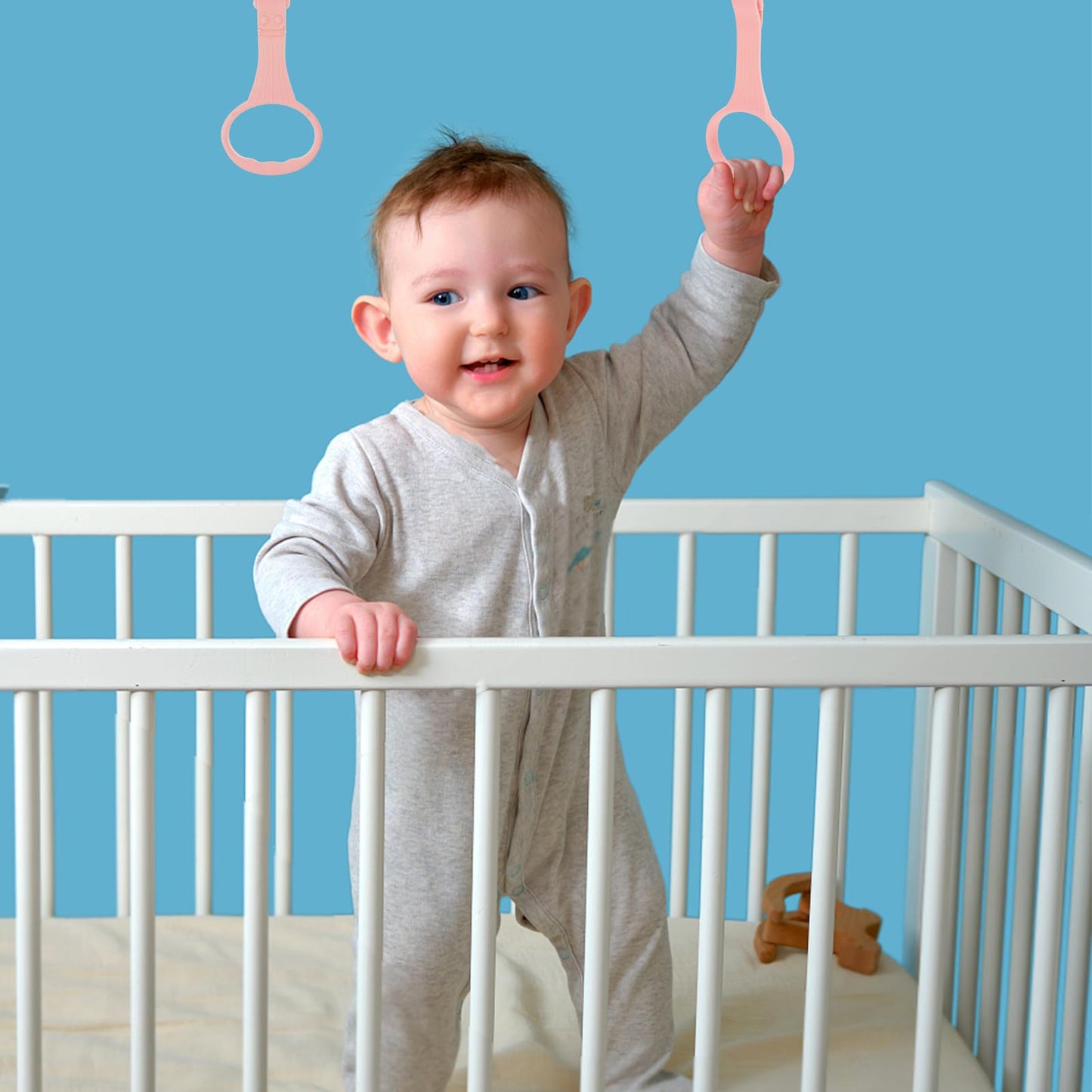 Safigle 4Pcs Pull Up Rings Standing Walker Crib Tool Ring Playpen Crib Hook Help Stand Up Walking Training Tool For Newborn Pink