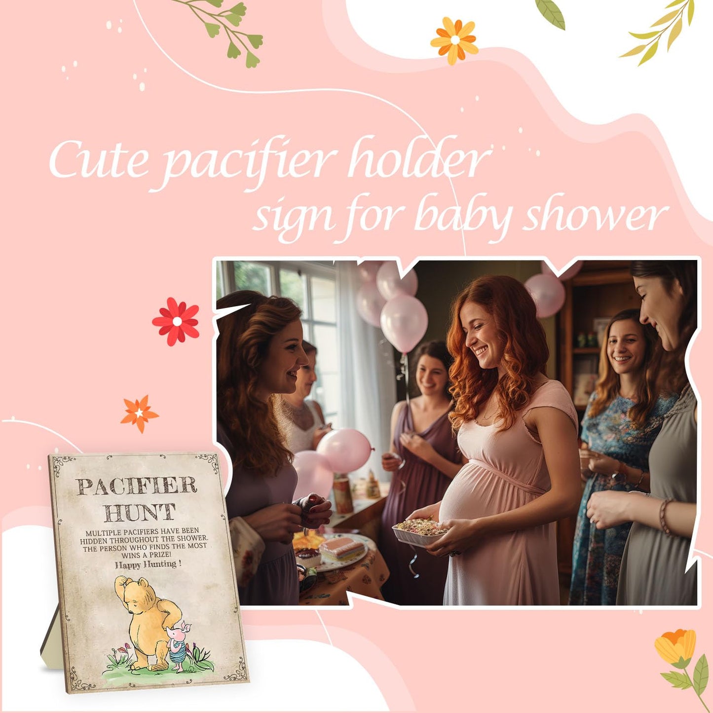 Classic Winnie Pacifier Hunt Sign For Baby Shower Game, 1 Winnie Pacifier Hunt Sign And 50Pcs Brown Mini Pacifiers Decor For Bab
