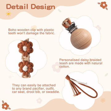 Symbolife Pacifier Clip For Boys Baby Girls Floral Daisy Macrame Paci Clip Boho Wooden Clips Handmade Braided Cotton Binky Clips