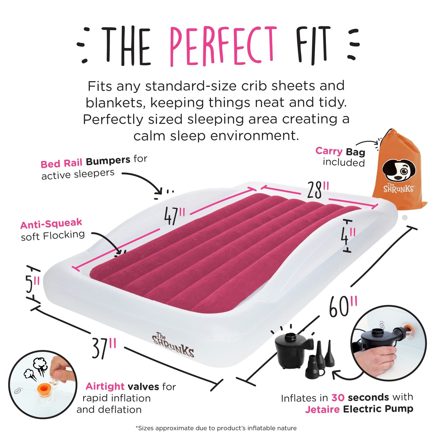 The Shrunks Pink Toddler Travel Bed | Inflatable Kids Air Mattress with Safety Bumpers & Electric Pump | Portable Blow-Up Bed fo