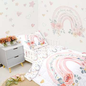 4 Pieces Toddler Bedding Set For Girls, Rainbow Toddler Comforter Set, Include Quilted Comforter, Flat Sheet, Fitted Sheet, Pill