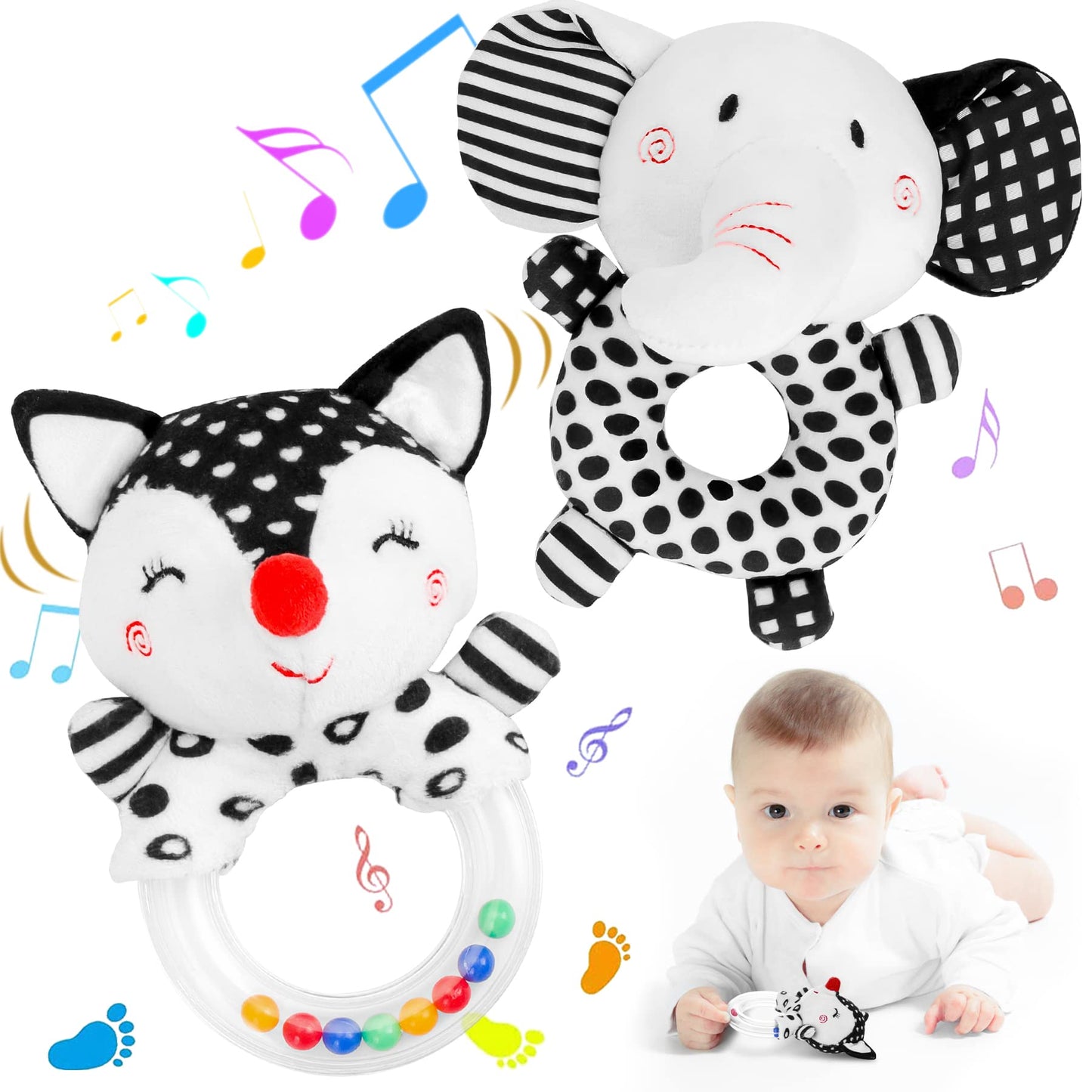 FPVERA Baby Rattles 0-6 Months: Soft Rattles for Babies 0-6 Months Newborn Sensory Toys, High Contrast Black and White Baby Toys