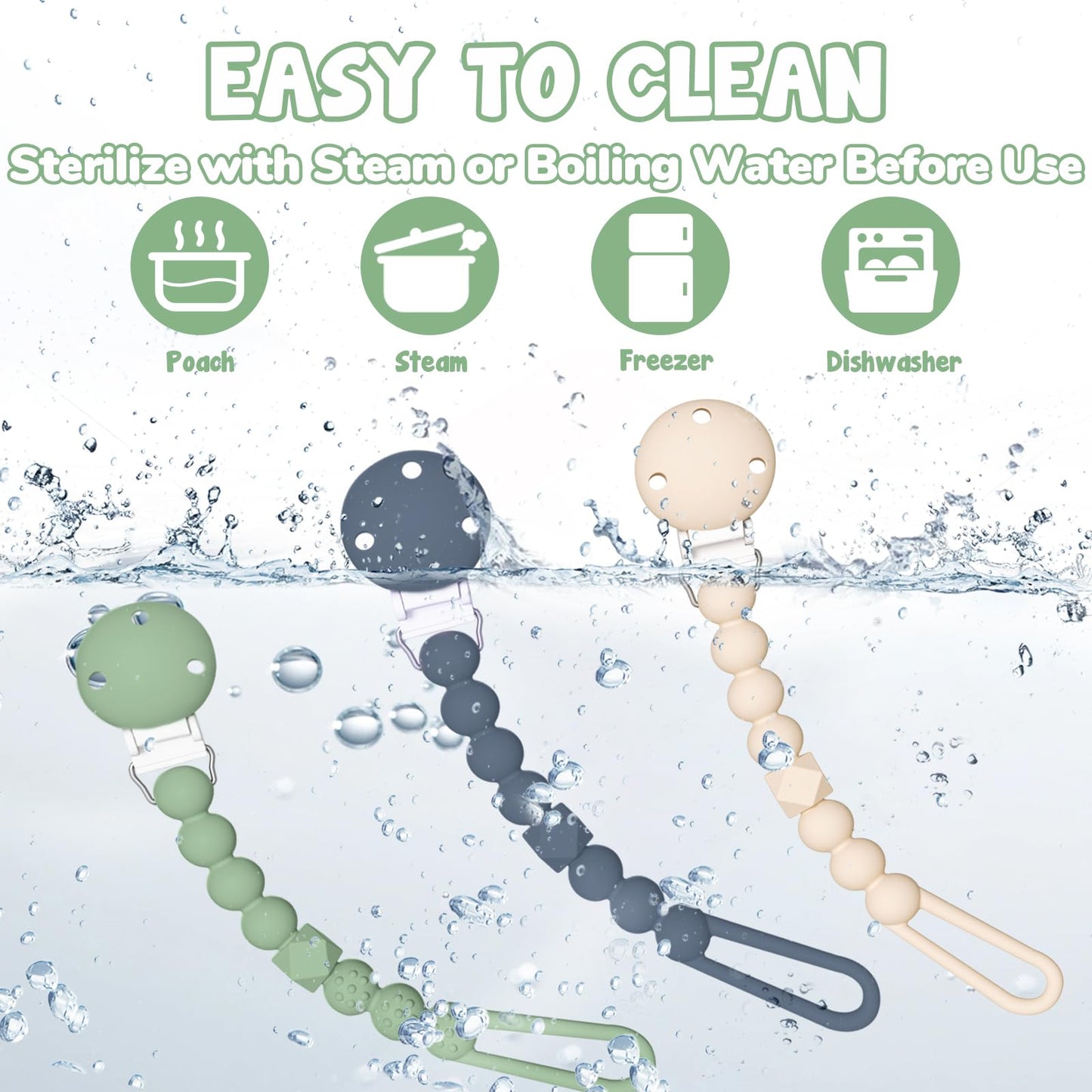 Tyry.Hu Silicone Pacifier Holder Clip With One Piece Beads For Boys And Girls, Soft Flexible Rust-Free Binky Clips With Texture,