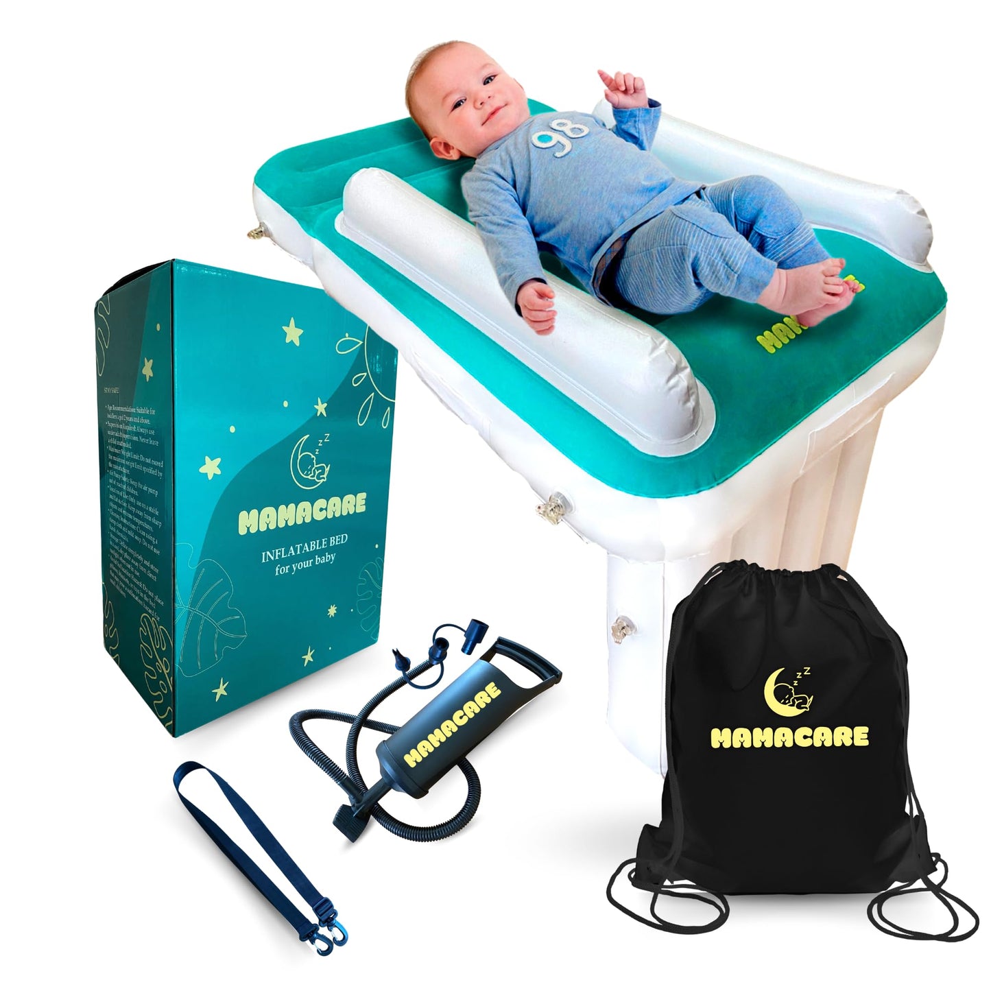 Mamacare Toddler Airplane Bed - Inflatable Baby Airplane Bed for Toddler Travel - Includes Bumpers, Pump, Travel Bag