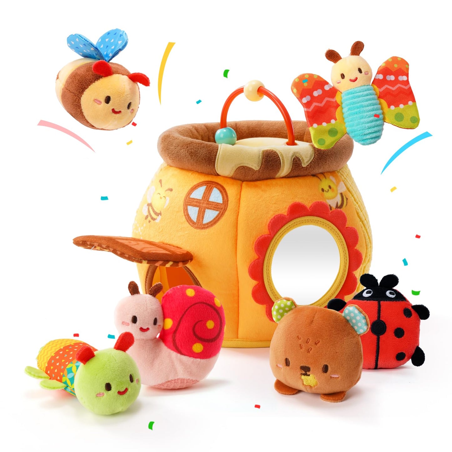 Koty Baby Toys 0-6 Months,Bee House Sensory Toy, Interactive Plush Beehive wtih rattles, queaker, Mirror, Busy Montessori Soft T