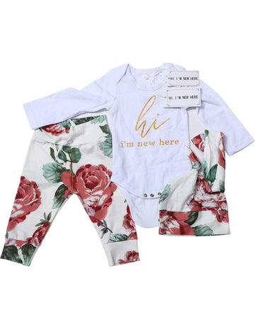 Kangkang Hi I 'M New Here Baby Girl Clothes 3-6 Months Girl Clothes Hi Im New Here Infant Outfit Romper + Floral Pants + Headban