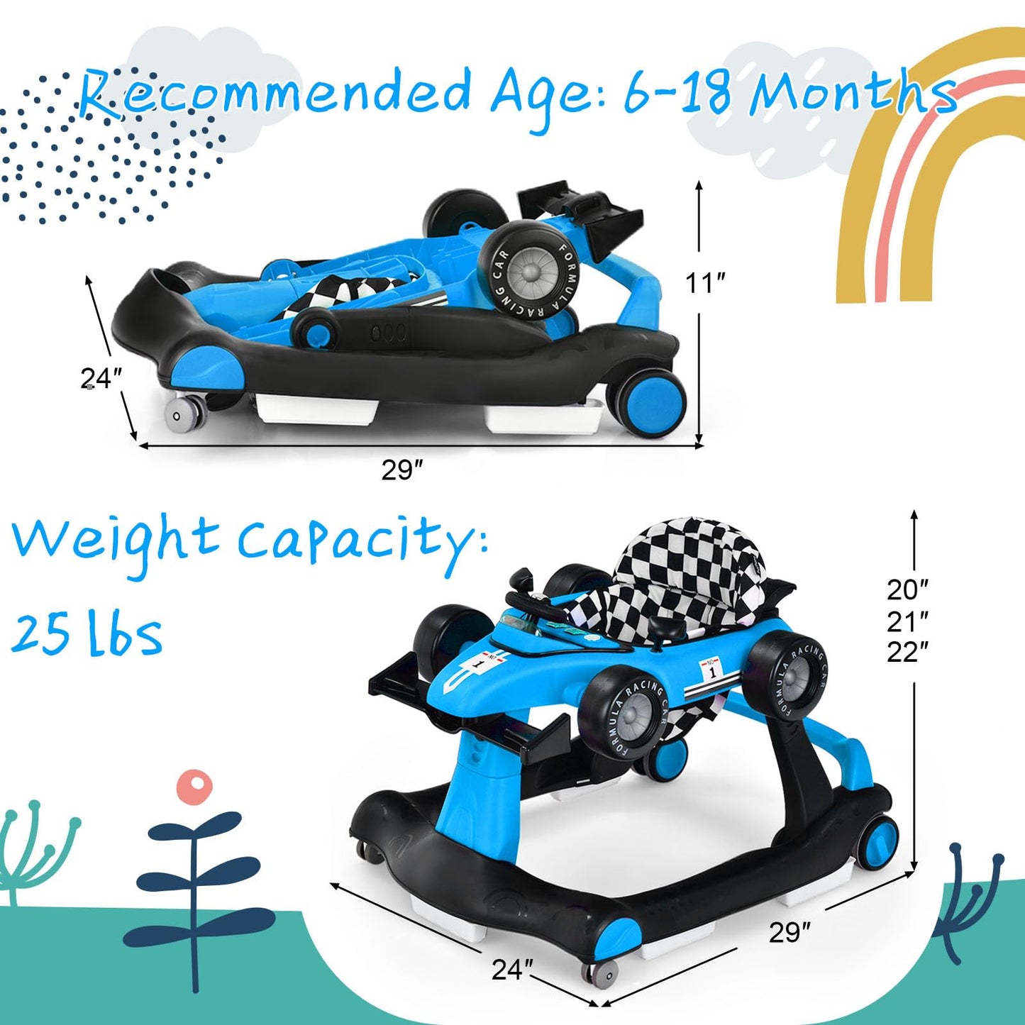 S Afstar 5-In-1 Baby Walker, Foldable Activity Car Walker With Adjustable Height Seat And Speed, Noiseless Smooth Wheels, Music