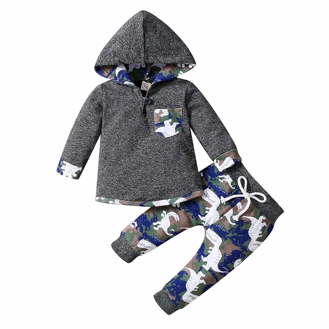Tepuce 6-9 Month Boy Clothes Toddler Infant Boys Girls Long Sleeve Camouflage Dinosaur Pocket Hoodie Tops + Pants Outfit Set 2Pc