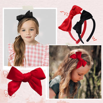 Red Velvet Bow Headband & 2 Pcs 4 Inch Hair Bows Set, Black School Hair Accessories For Little Toddler School Girls (Velvet Red)
