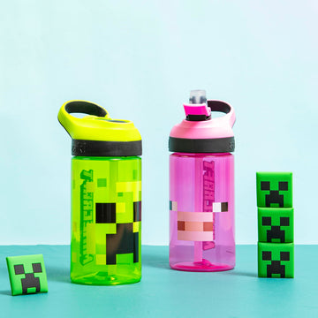 Zak Designs Minecraft Kids Water Bottle With Straw And Built In Carrying Loop Set, Made Of Plastic, Leak-Proof Water Bottle Desi