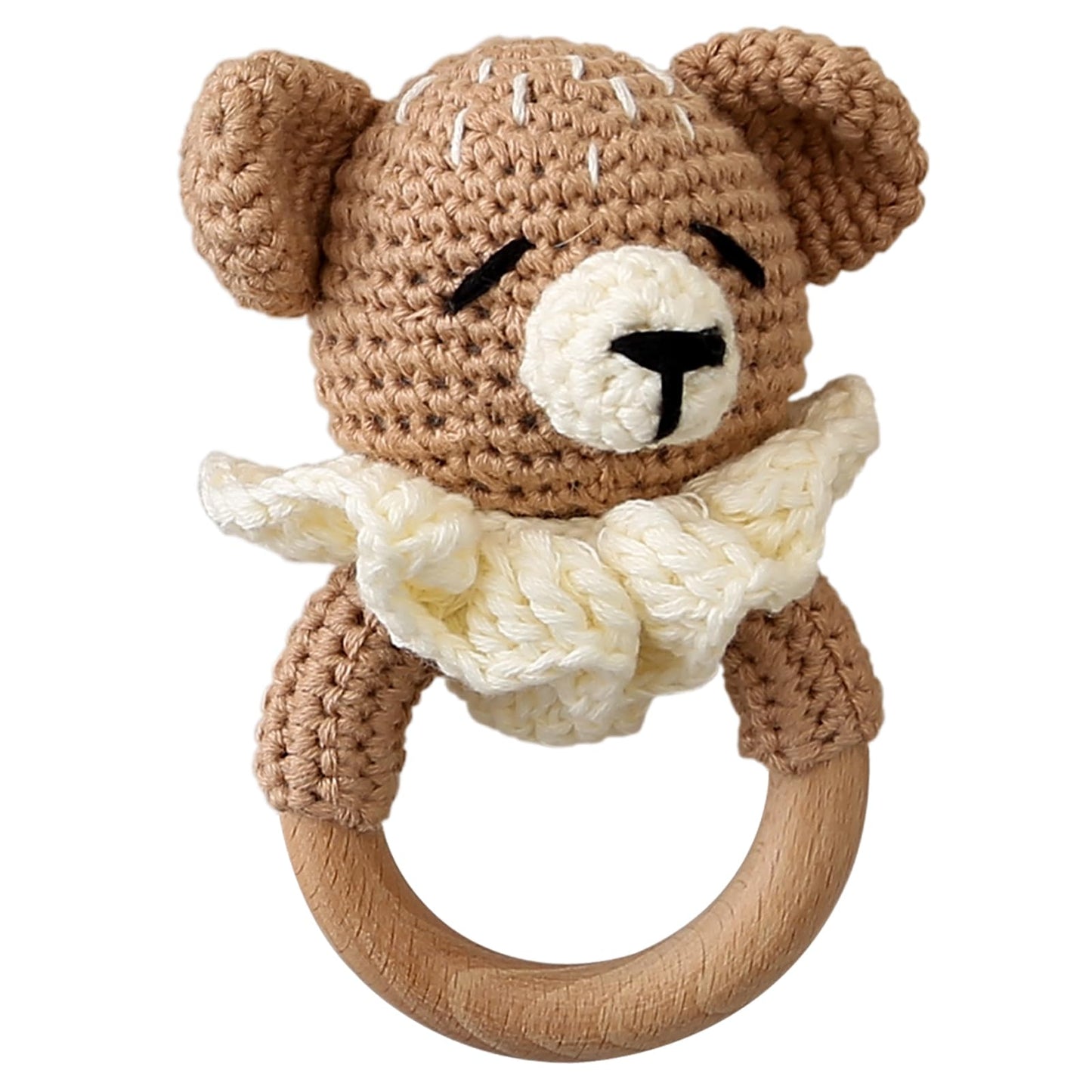 Wooden Baby Rattle,Crochet Bear Rattle with Wood Ring, Newborn Wooden Animal Rattle Toy,Infant Bear Wood Rattle Toys