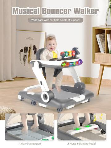 Music And Lights Baby Walker With Wheels, 6 In 1 Baby Activity Center W/Ergonomic Backrest Design, Baby Walkers For Boys W/Foot