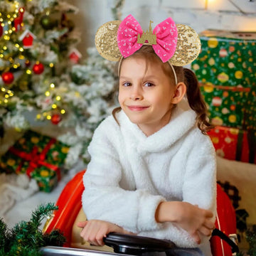 Seamoy Sequin Mouse Ears Headband, Rose Gold Mice Ears, Pink Bow Hairband, Sparkle Rose Gold Classic Red, Castle Pink