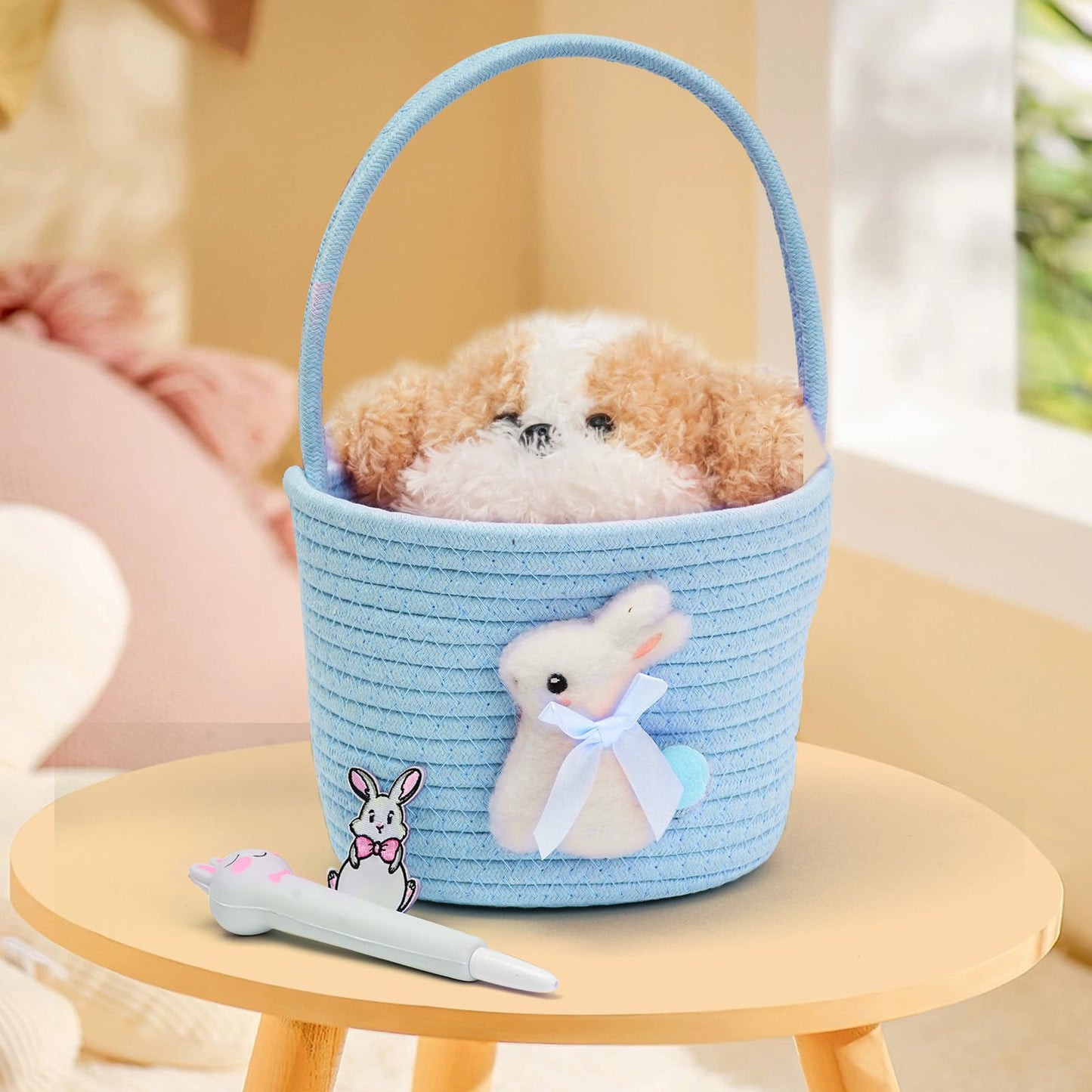 Easter Baskets With Bunny Decoration For Kids - Soft & Durable Woven Design, Empty Baby Bunny Egg Basket With Handle For Boys, G
