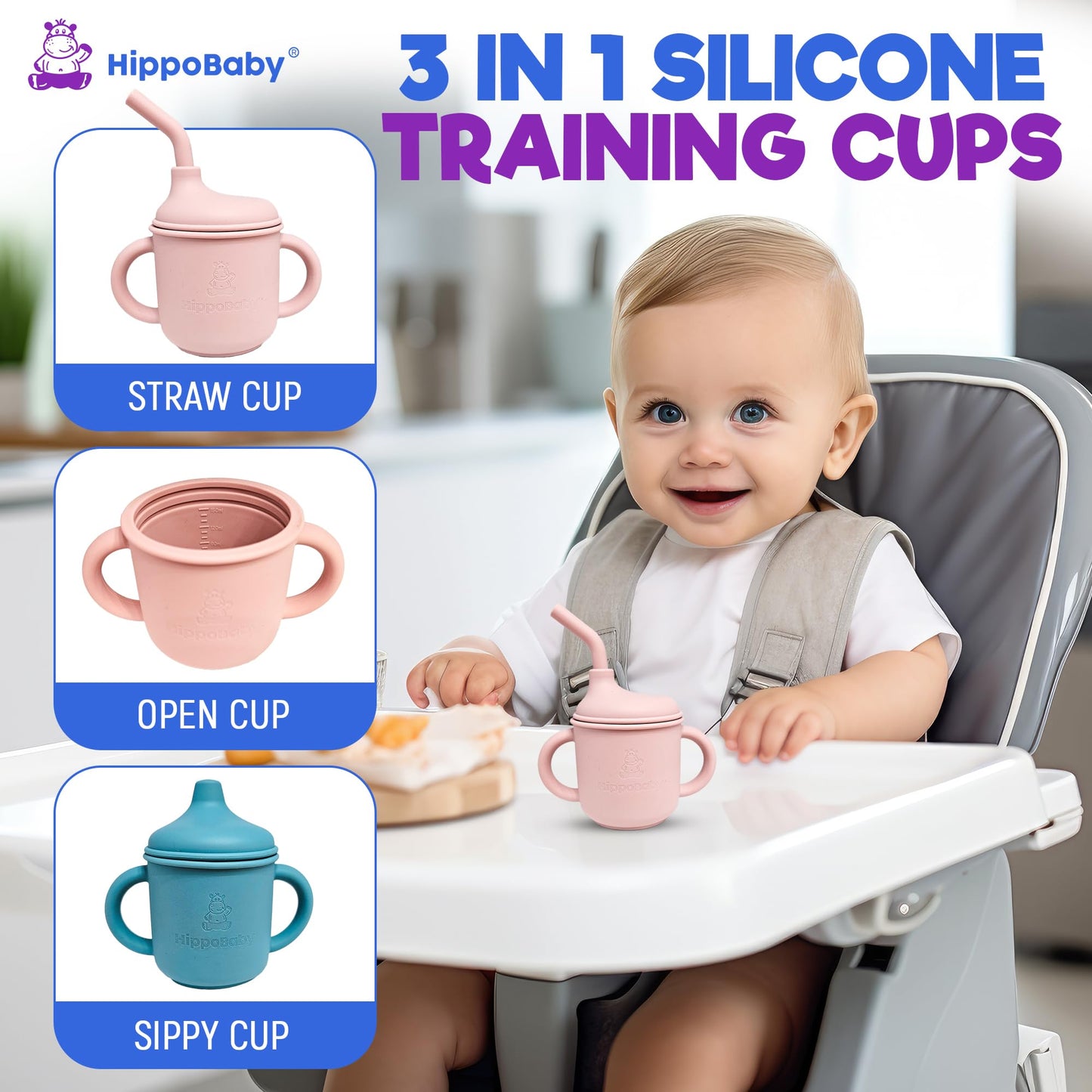 Hippobaby Silicone Transition Sippy Cup For 6+ Month Old | Includes 1 Toddler Straw Cup & 1 Sippy Cup With Handles 5 Oz| Baby Si