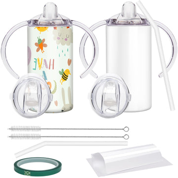 Vermida Sublimation Sippy Cup Blank With Handle, 12Oz Stainless Steel Sippy Cups, Kids Cups With Straws And Lids Spill Proof Dou