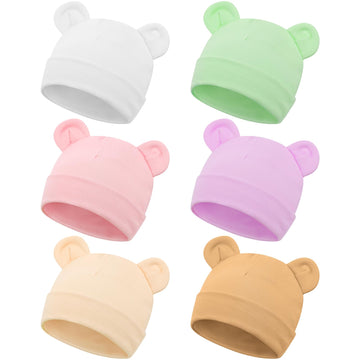 Toulite 6 Pcs Preemie Hats Cotton Preemie Caps Cute Beanie Bear Ears Hospital Cap For Premature Baby Boys Girls(Light Colors,Sol