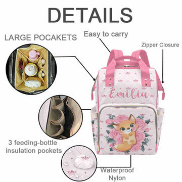 M Yescustom Customized Pink Crown Diaper Bag With Name Christmas Gift For Mom, Custom Cute Fox On Pink Roses Mommy Nursing Daypa
