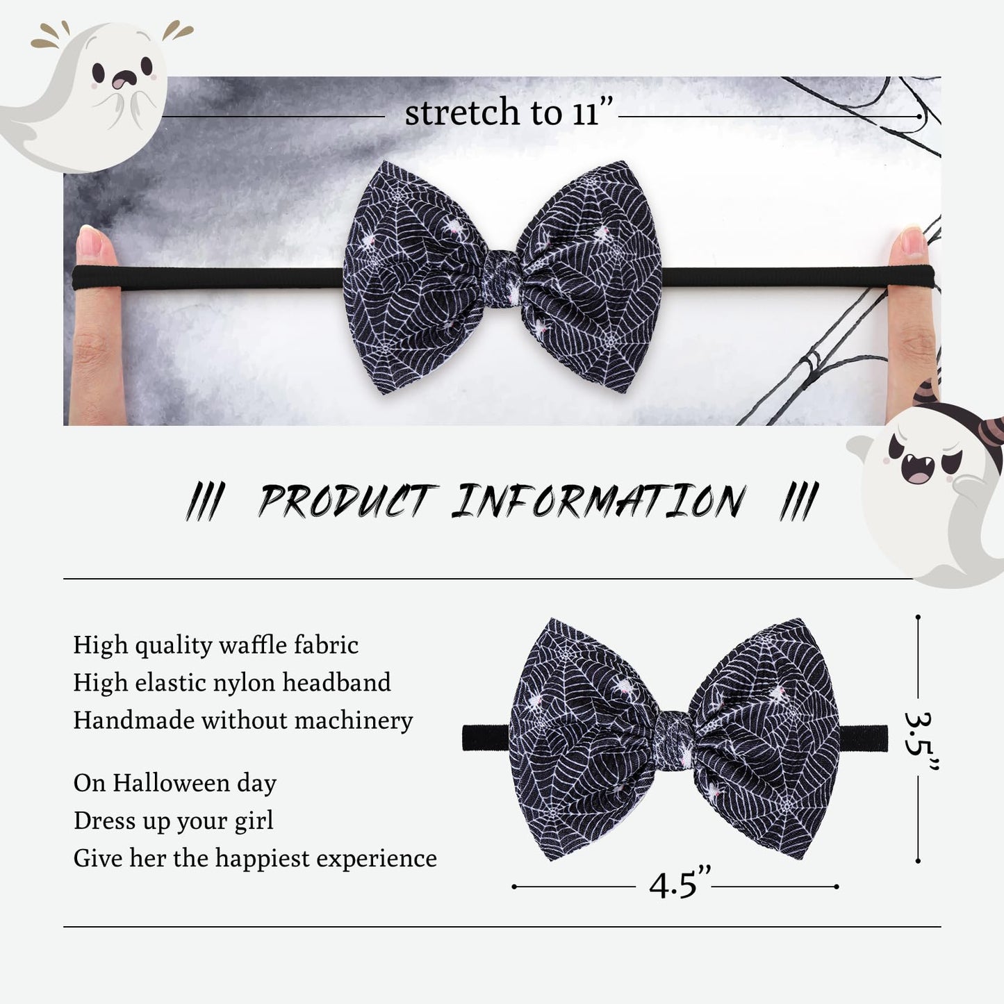 Yanjie Halloween Bows For Baby Girls Elastic Nylon Headbands Toddler Girls Spider Hair Bows Ghost Hair Halloween Accessories New