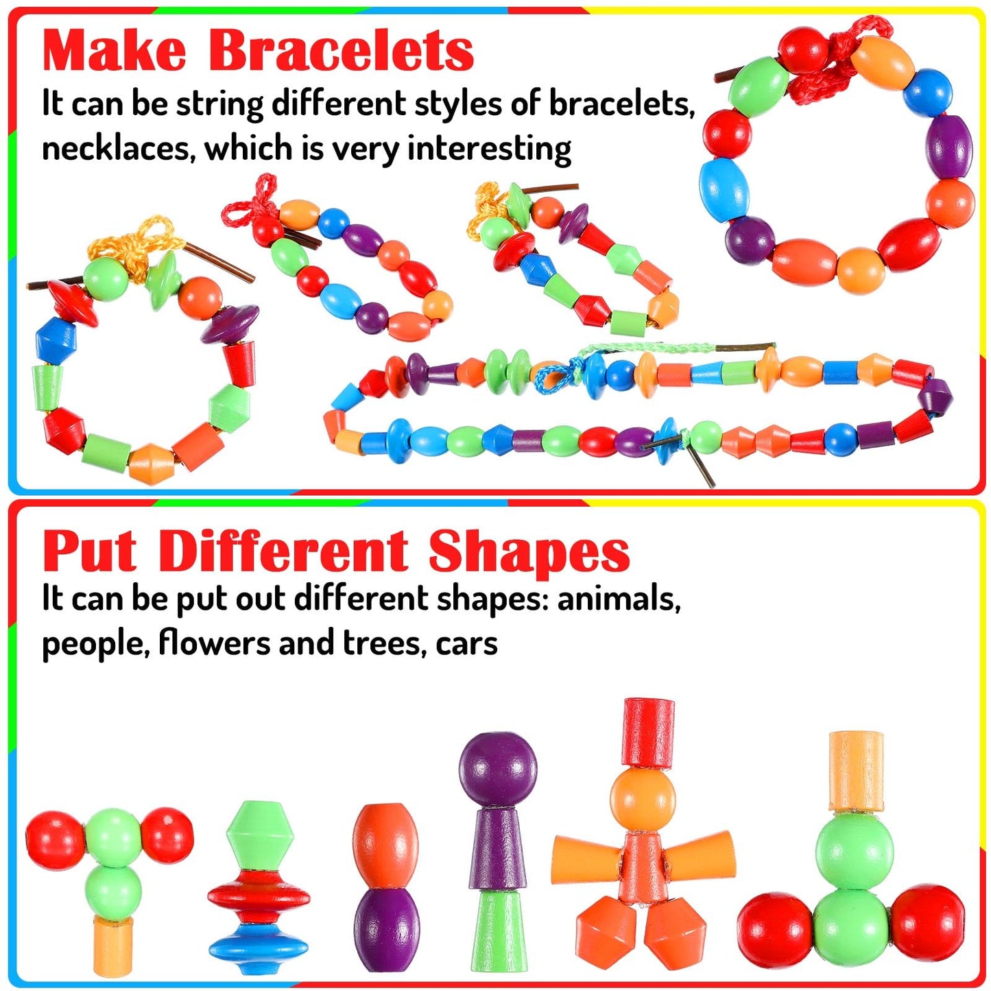 Shappy 324 Pcs Wooden Lacing Beads for Wooden String Beads Threading Toys Montessori Lacing Toys Fine Motor Skills Developmental