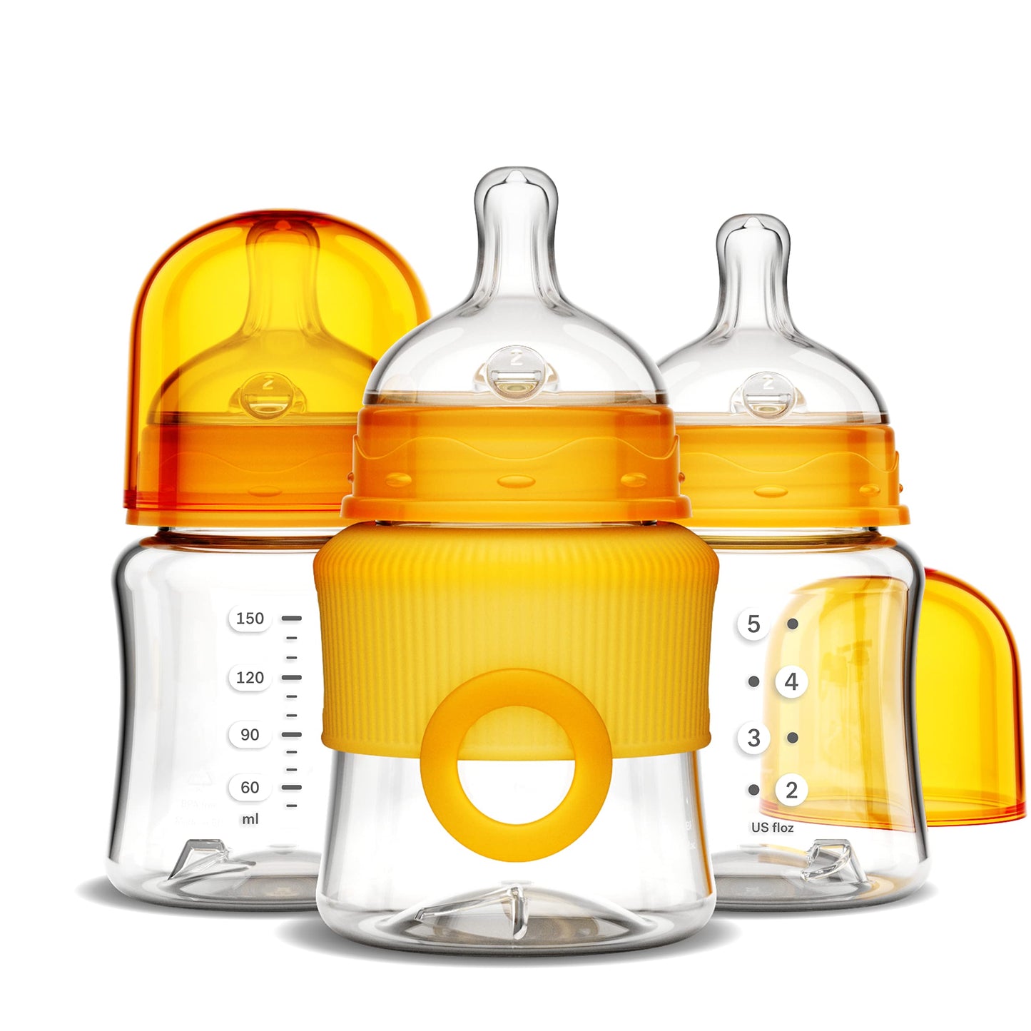 Smilo, Baby Bottles, Orange, Smooth Flow Anti-Colic Feeding, 5 Ounce with Stage 0 Nipples (Pack of 3)