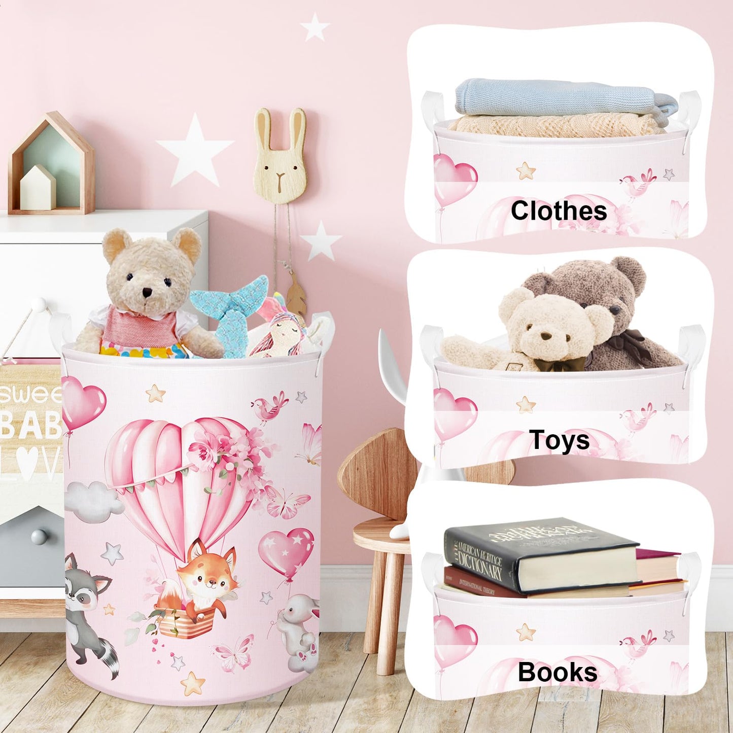 Clastyle Hot Air Balloon Animal Baby Laundry Hamper Kid Storage Basket Boy Girl Gift Toy Box Pink Collapsible Clothes Organizer