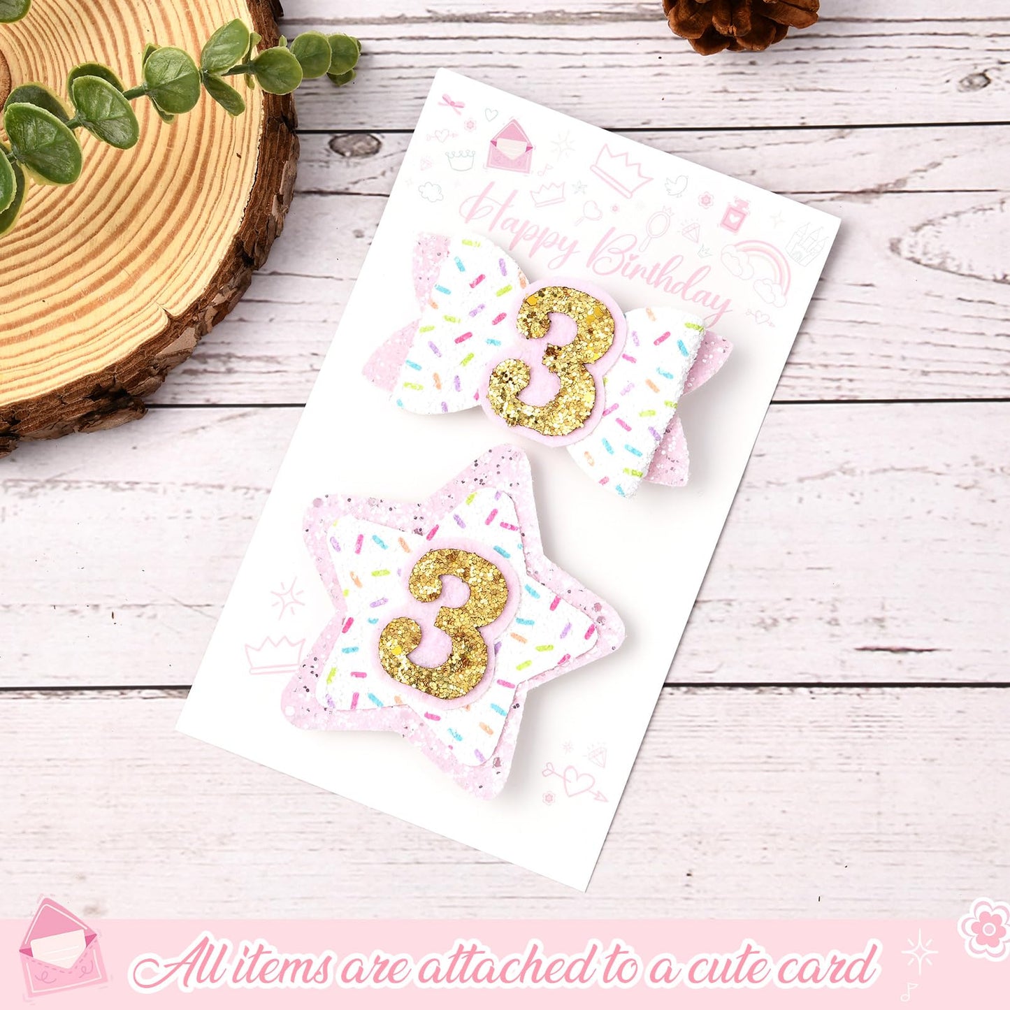 Deeka 3Rd Birthday Hair Bow And Badge Set For Girl - Glitter Pink And White Hair Clips For 3 Year Girl Party Decoration - Toddle