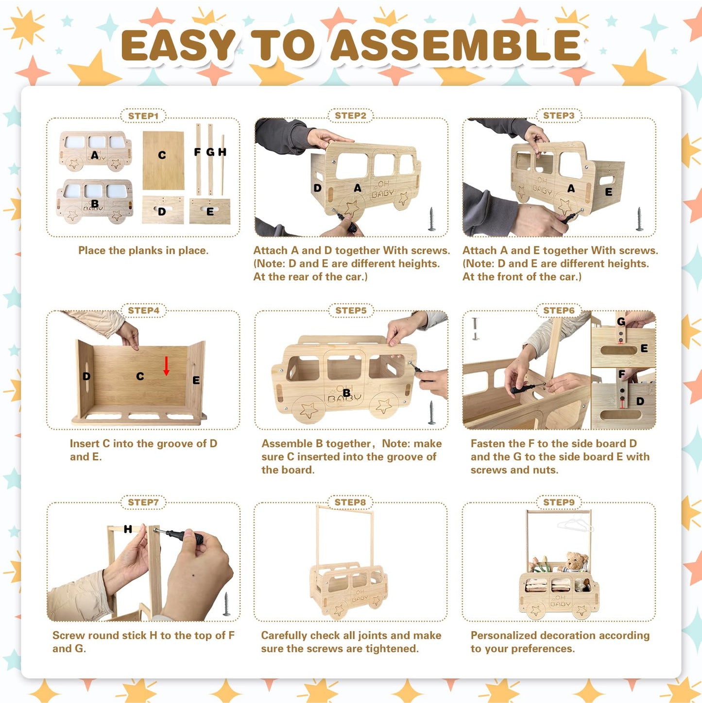 Fun-Plus Baby Shower Crate, Bus Shape Basket With Handle, Wooden Storage Crate For Pregnancy, New Parent (Bamboo Made)