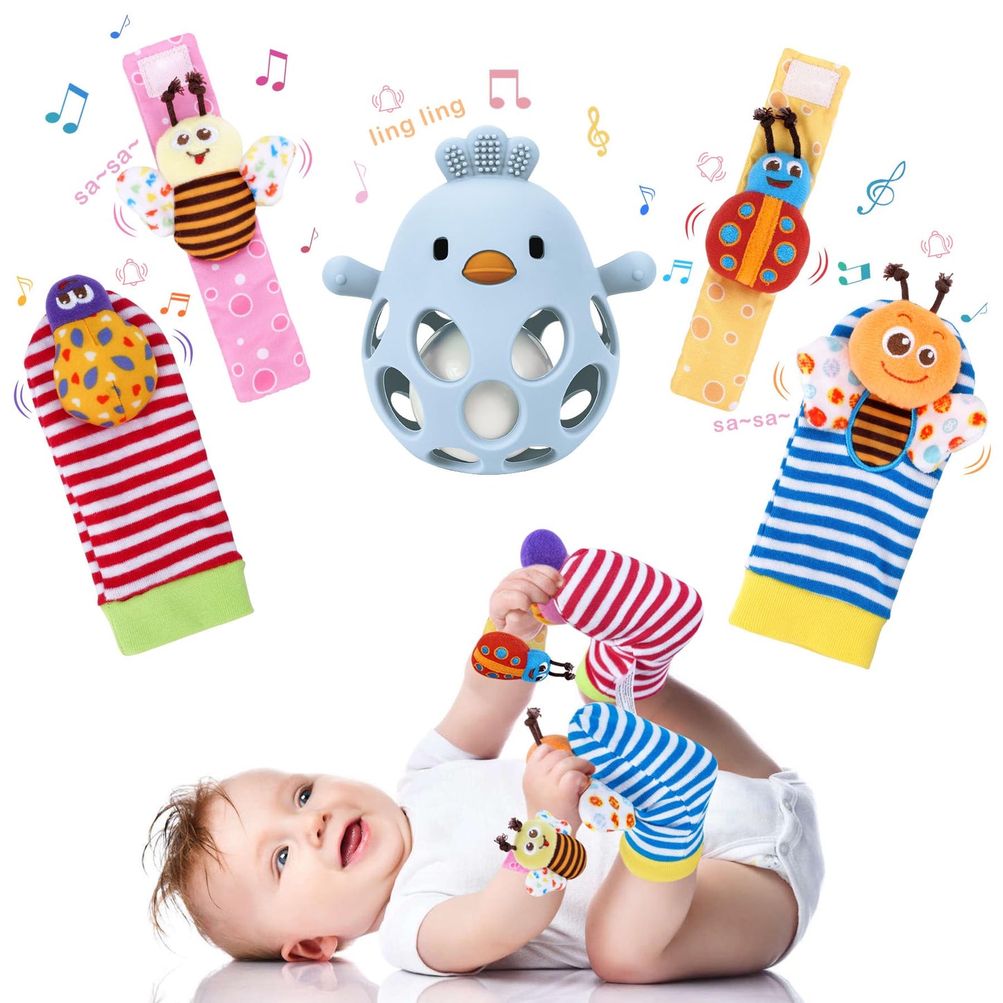 MCGMITT Baby Teething Toys for 3-6 Months, Soft Infant Wrist Rattle Socks and Foot Finder Set, Easy Grasp Silicone Rattle Teethe