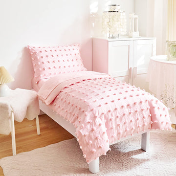 4 Pieces Tufted Dots Toddler Bedding Set Solid Pink Jacquard Pom Pom Tufts, Soft And Embroidery Shabby Chic Boho Design For Baby