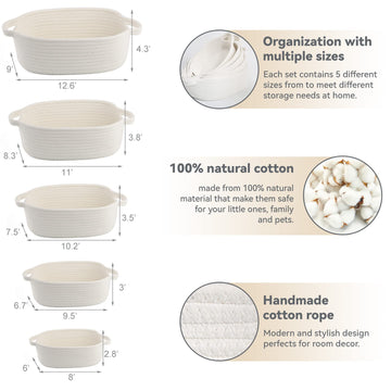 Voowo Set Of 5 Rope Basket, Woven Rope Baskets For Storage, Baskets For Gifts Empty, Small Rope Basket For Organizing, Nursery R