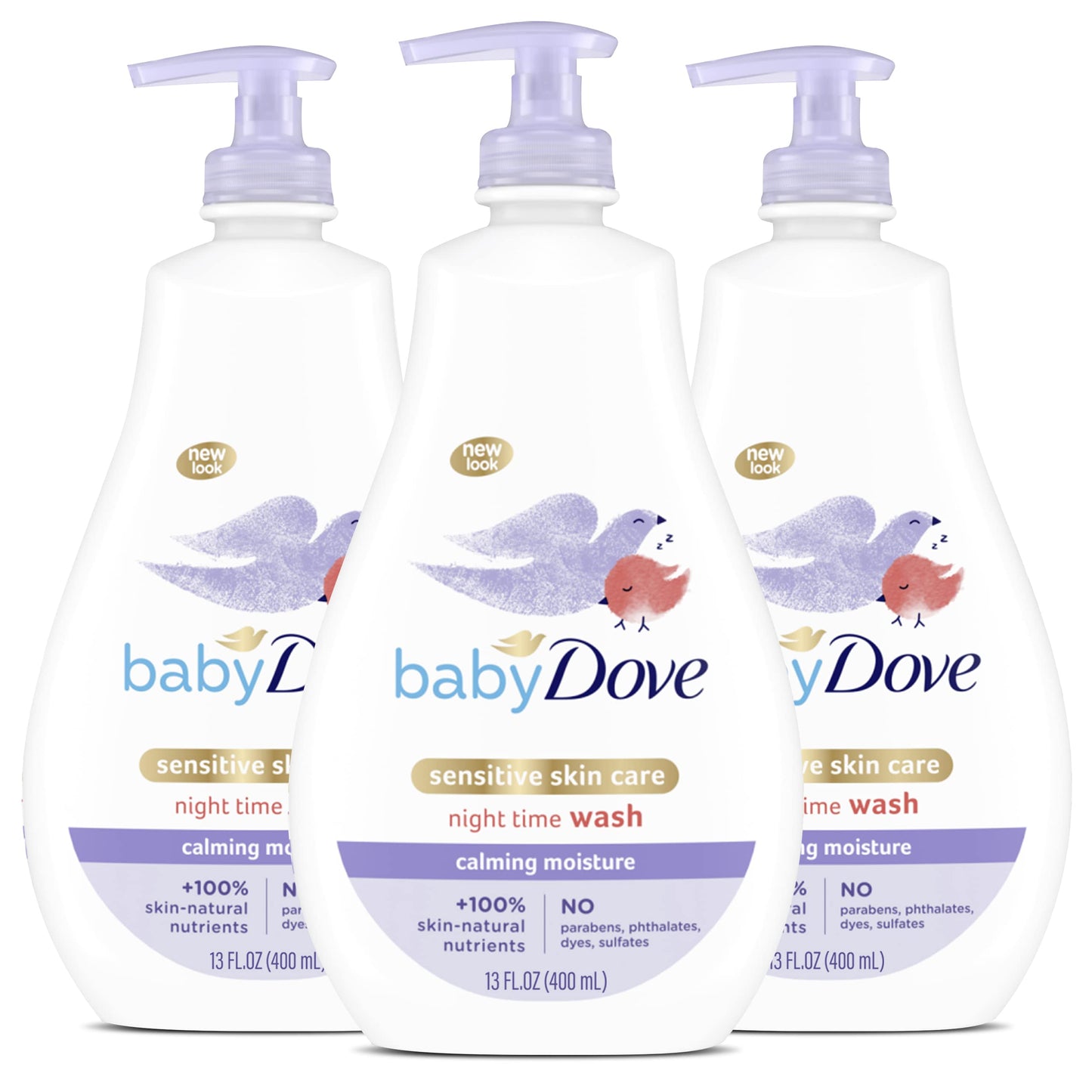 Baby Dove Calming Moisture Sensitive Skin Night Time Wash, 3 Pack Hypoallergenic and Tear-Free Bath Wash, Scented, Suitable for