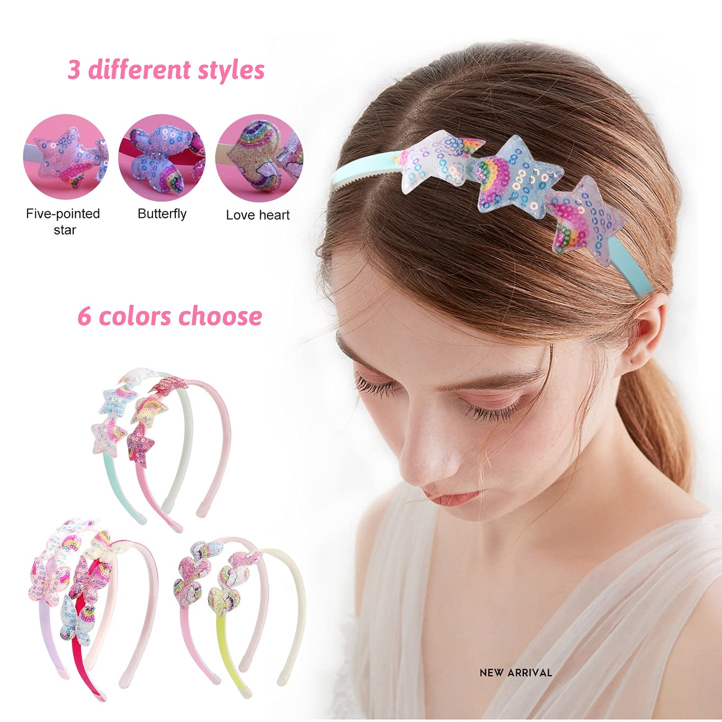 Fishdown Girls Headbands For Kids Glitter Toddler Girl Sequin Headbands Glitter Heart Rainbow Butterfly Star Non-Slip Headbands