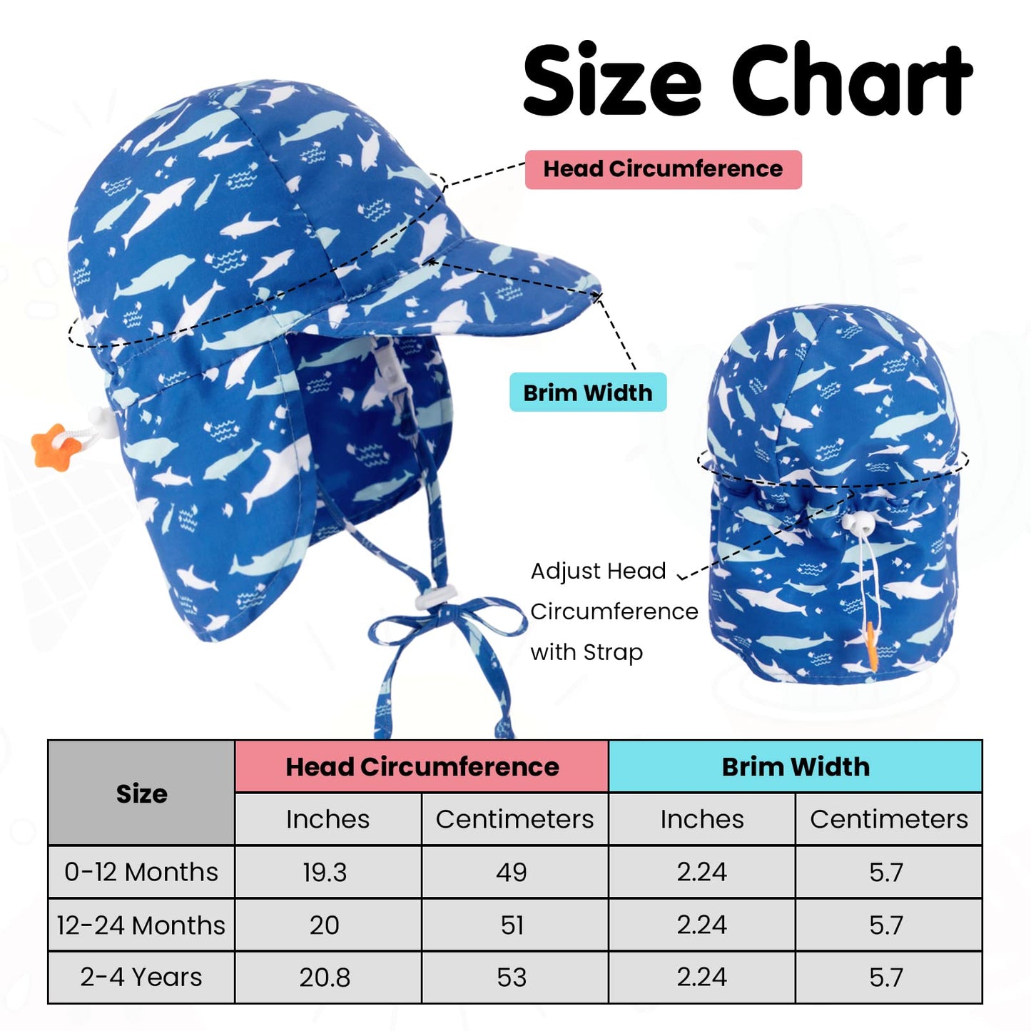 Simplikids Toddler Sun Hat Upf 50+ Uv Ray Sun Protection Hat Baby Sun Hats W/Neck Flap Infant Sun Hat For Baby Beach Hat,Shark,0