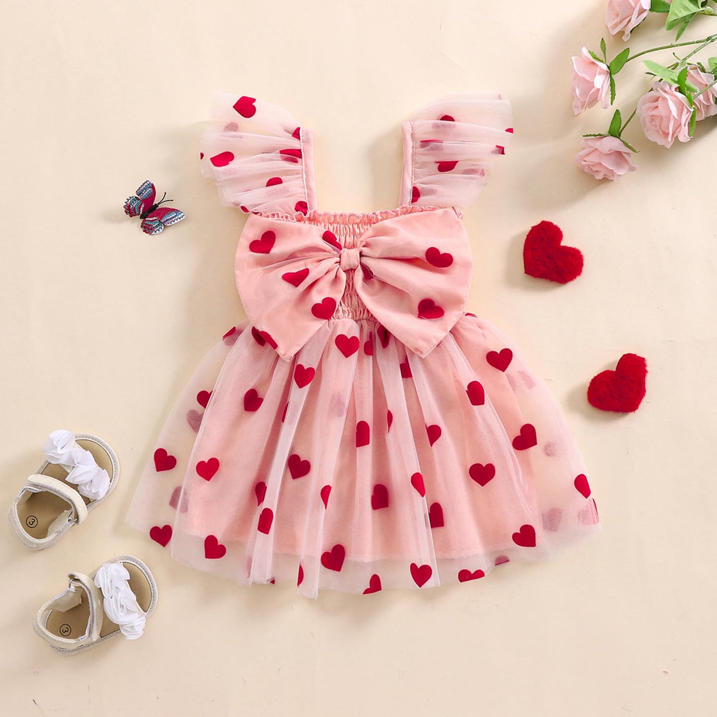 Toddler Baby Girl Valentines Day Outfit Heart Print Ruffle Sleeve Bowknot Tulle Dress Girls Birthday Party Dresses (Pink, 18-24
