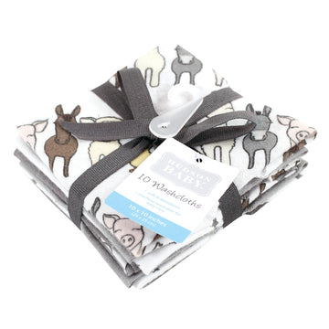 Hudson Baby Unisex Baby Flannel Cotton Washcloths 10-Pack, Farm Friends Grey, One Size